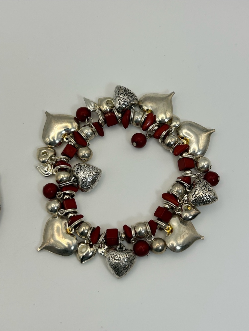 Vintage Bracelets Qty 2 Red & Silver Tone Beads & Charms Stretch Hinged Bangle - Picture 5 of 13